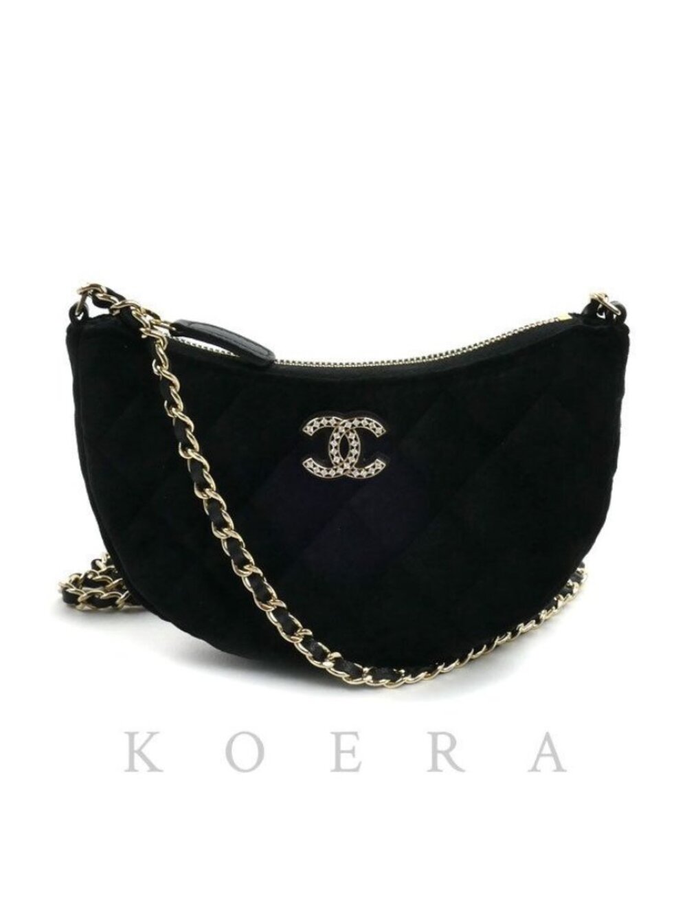 Chanel Quilted Velour Hobo Chain Shoulder Bag Black